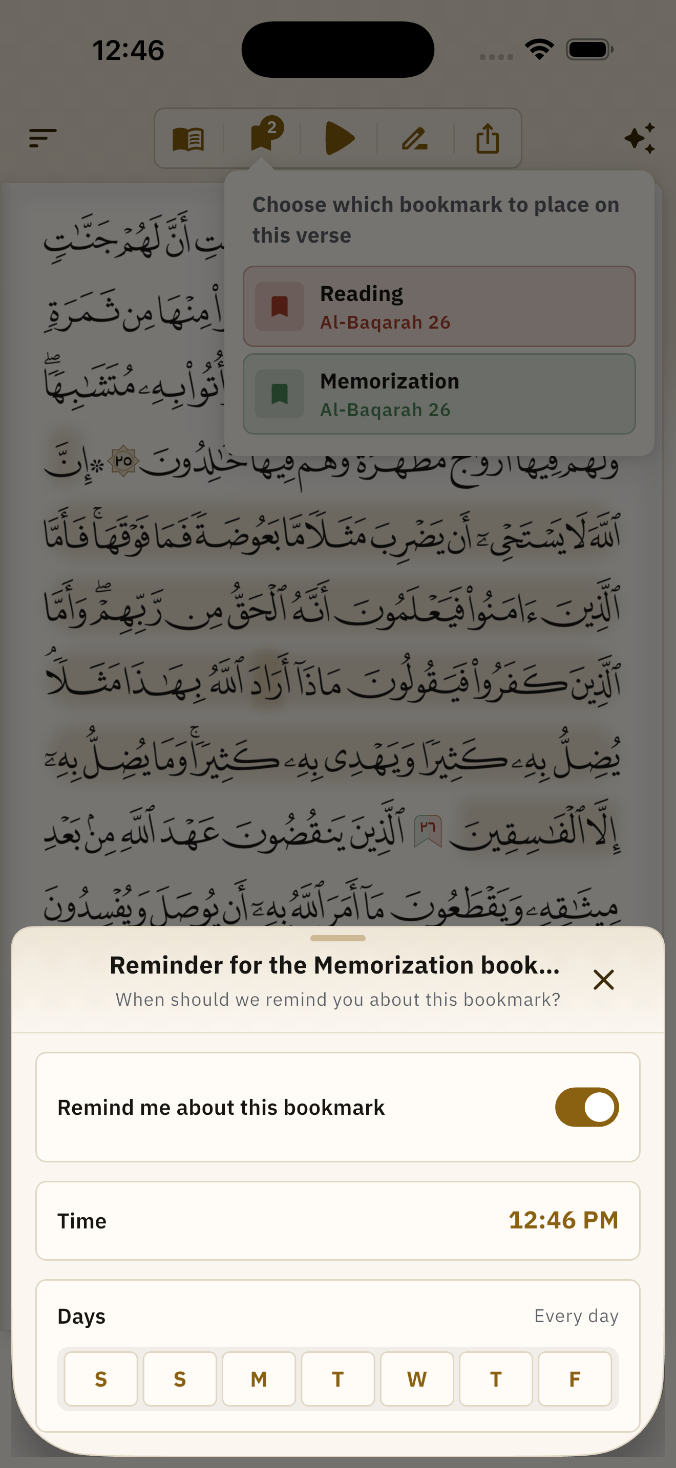 Setting the reading bookmark on a verse, and a reminder for it at an hour and days you choose