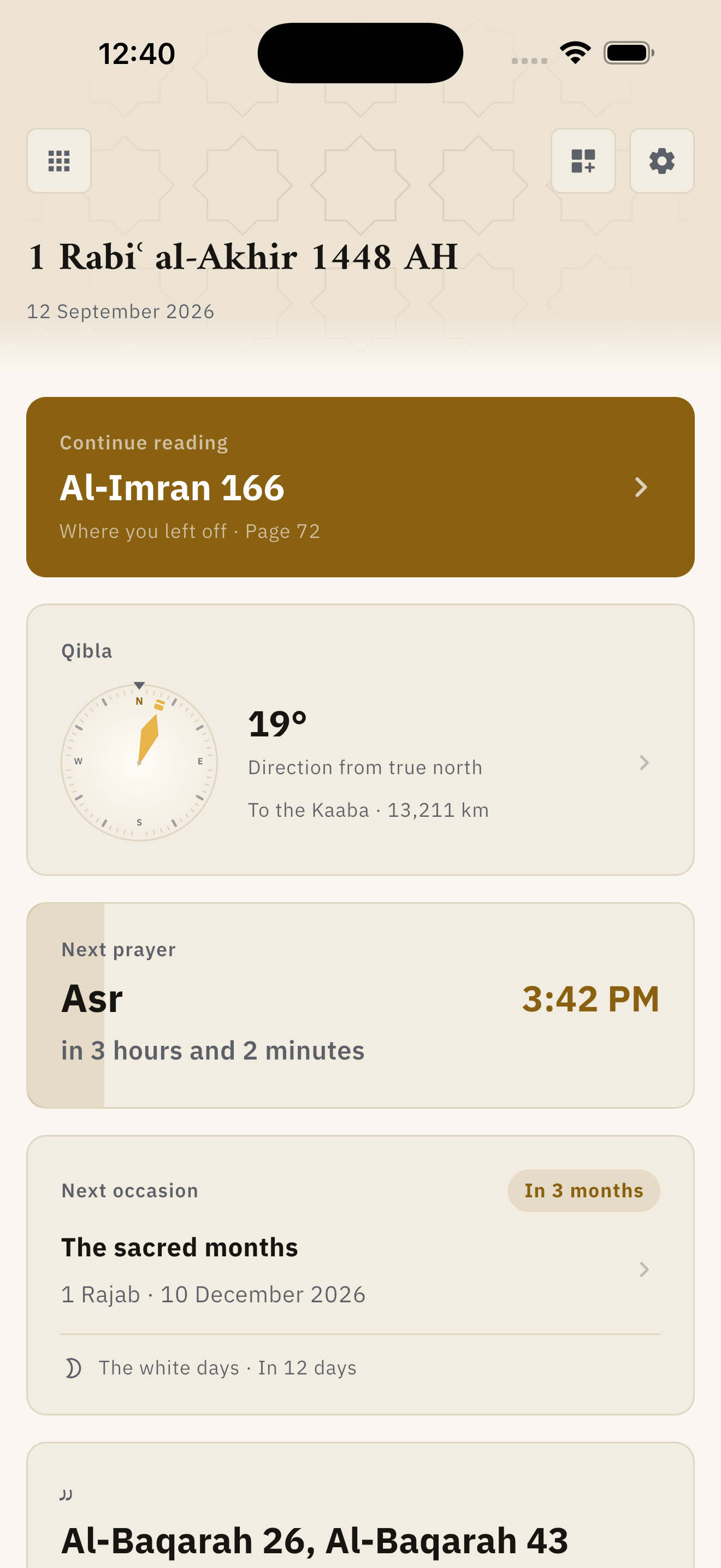 The app's board: the Islamic date, a card back to where you stopped reading, the qibla, the next prayer counting down, and the next occasion