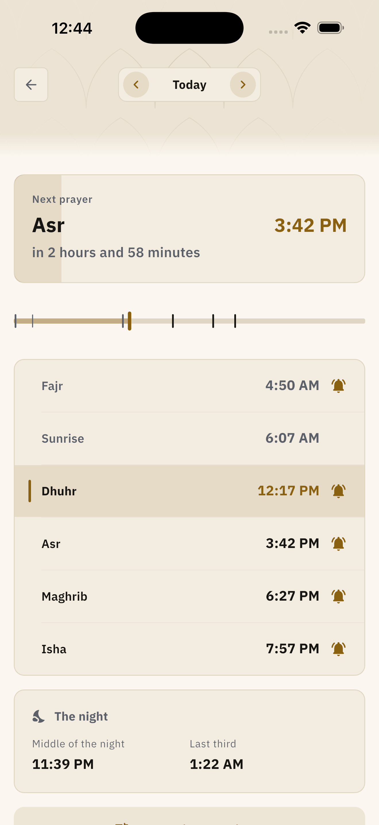 Prayer times: the next prayer counting down, the shape of the day as a bar, and the six times