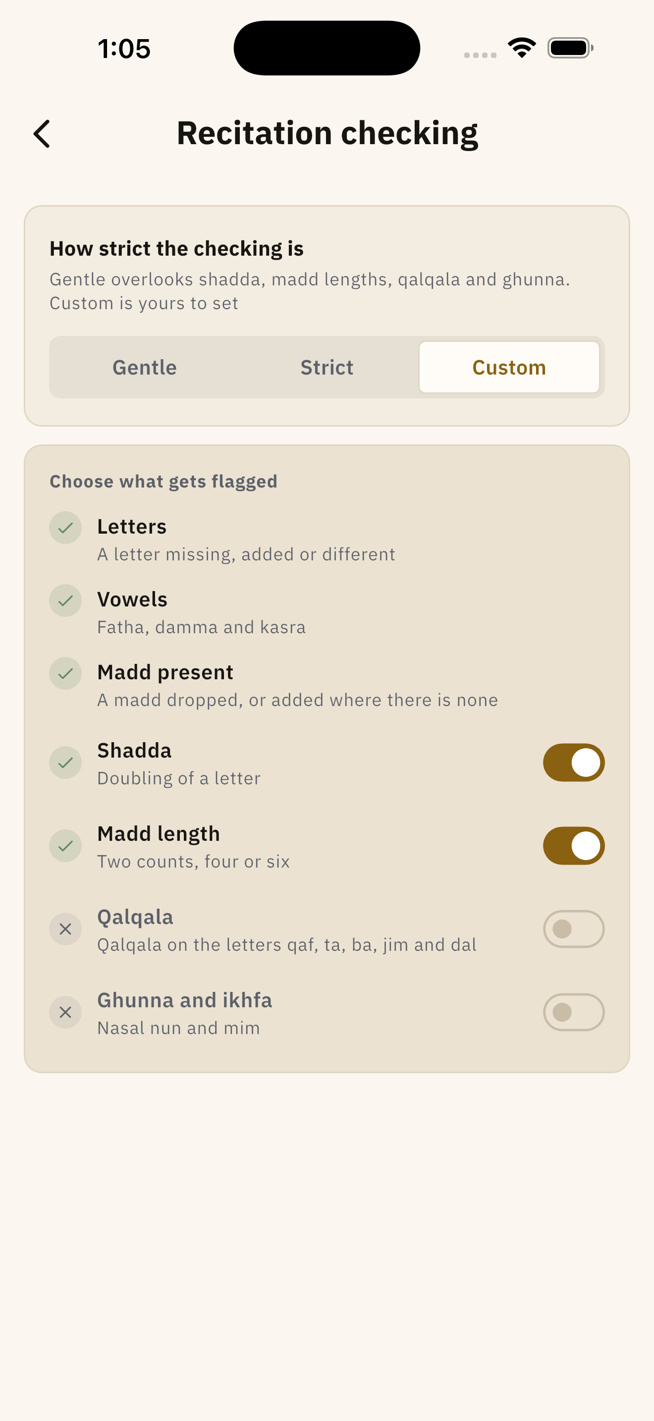 The recitation checking screen: the three strictness levels, and the seven rules each on its own switch