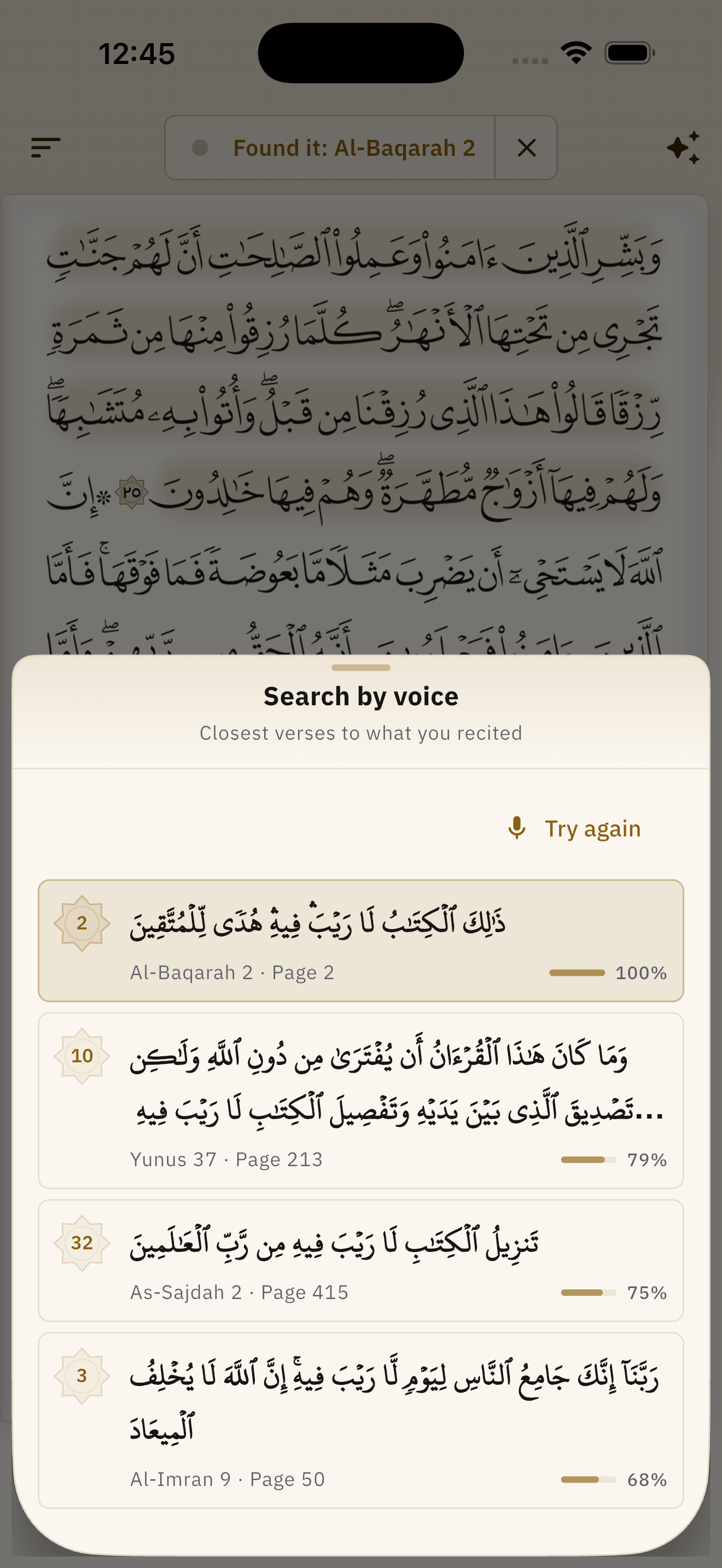 Voice search: the closest verses to what was recited, each with its score and its place